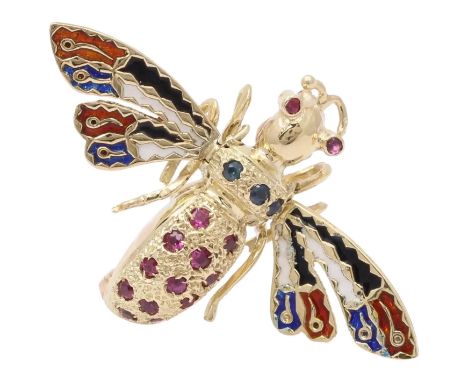 Vintage Movable Honey Bee Sapphires Rubies Enamel 14K Yellow Gold Brooch Pendant           Stones: Blue Sapphires ( 3 at appr