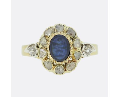 Victorian Sapphire and Rose Cut Diamond Cluster Ring.                    Weight:Â&nbsp;4.0 grams Ring Size:Â&nbsp;M Face Dime