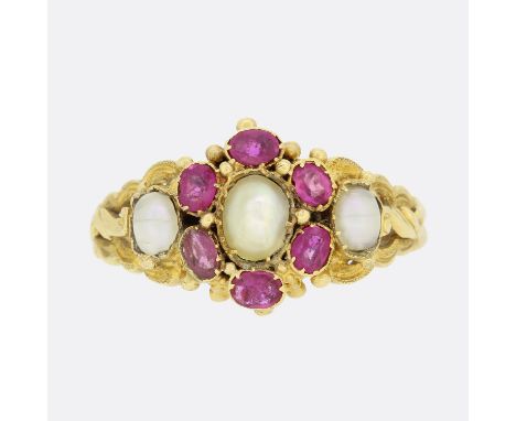 Victorian Burmese Ruby and Pearl Cluster Ring.               Weight:Â&nbsp;3.1 grams Ring Size:Â&nbsp;P 1/2 (57) Face Dimensi