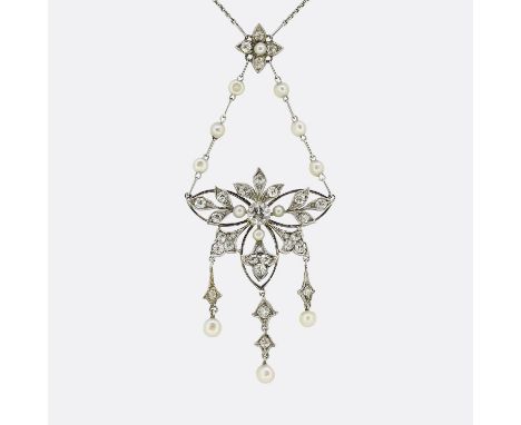 Edwardian Pearl and Diamond Lavalier Necklace Weight:Â&nbsp;5.1 grams Pendant Dimensions:Â&nbsp;60mm x 24mm x 2mm Pearl Dimen