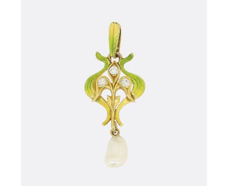 Art Nouveau Natural Pearl Diamond and Enamel Pendant.       Weight:Â 1.5 grams Pendant Dimensions:Â 30mm x 13mm Pearl:Â 7mm x