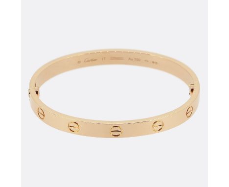Cartier LOVE Bangle Size 17.                   Weight: 31.1 grams Size: 17 Width: 5.5mm Marked: 'Cartier' 'Au750' '17' &amp; 