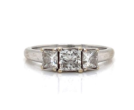 Platinum 1.00 Ct. Diamond Ring Weighing 3.8 grams Set with 3 Princess-cut Diamonds weighing app. 1.00 Ct. F-G Color, VVS-VS C
