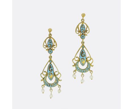 Vintage Ornate Pearl and Enamel Drop Earrings.              Weight:Â&nbsp;5.8 grams Dimensions:Â&nbsp;50mm x 15mm Pearls:Â&nb