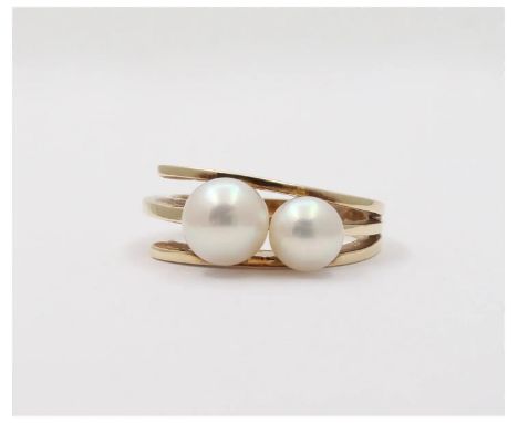 Vintage Mikimoto 14K Yellow Gold Akoya Pearls Bypass Ring       Maker: Mikimoto  Stone: Akoya Pearls ( 1 at 7.1mm/ 1 at 6.1mm