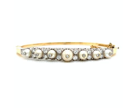 Antique 14K &amp; Platinum Natural Pearl &amp; Diamond Bangle.                    Weighing 18.7 grams Set with 21 Diamonds we