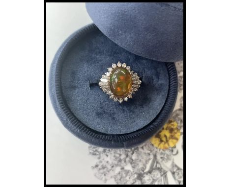 Vintage Platinum Fire Opal Diamond Ring, Statement Ring.                             Metal: Platinum  Weight: 10.1 grams  Fir