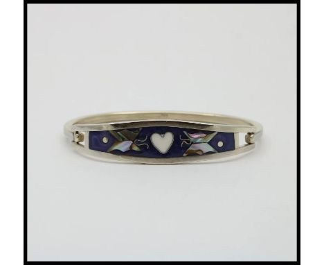 Sterling Silver Inlay Mother Of Pearl Heart & Butterfly Bangle.                     Metal: 925 Sterling Silver Weight: 13.9 g