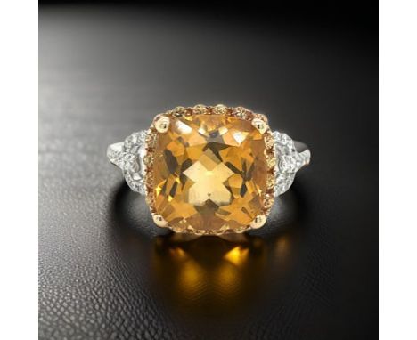 Halo Style 3.65 Ct Citrine And Diamond Ring.                          Halo Ring, 1 Cushion Cut Citrine 3.65 ct, Round Diamond