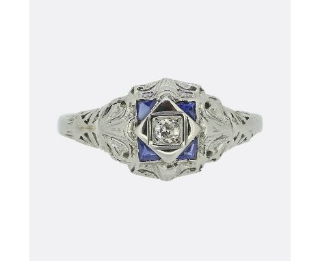 Art Deco Sapphire and Diamond Ring Weight:Â&nbsp;2.1 grams Size:Â&nbsp;L 1/2 (52) Face Dimensions:Â&nbsp;10mm x 7mm Band Widt