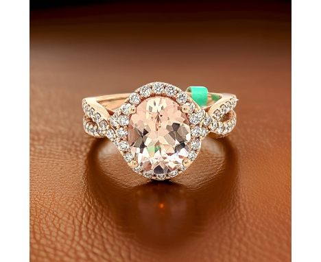 14K Rose Gold 2.30 Ct Morganite And Diamond Halo Ring.     Halo Ring, 1 Oval Morganite 2.30 ct, Round Diamond 0.75 cttw, 14K 