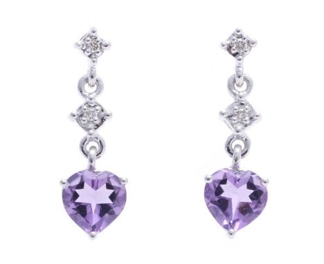These heart shaped amethyst earrings, set with two diamonds in a 9ct white gold setting, are the ideal gift for a loved one a