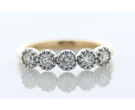 Five round brilliant cut diamonds are set in this gorgeous five stone semi eternity style diamond ring. The band of this ring
