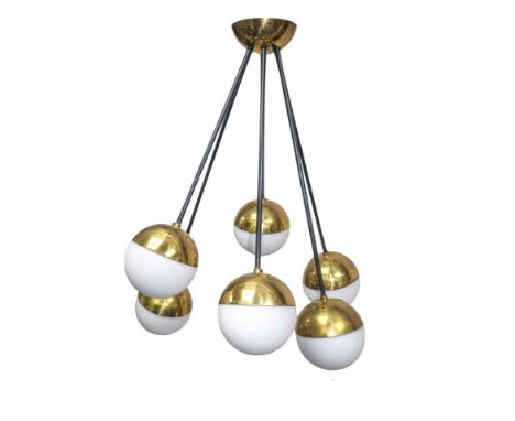 With spherical diffusers in triplex opal glass with satin finish, structure in black lacquered metal and zapped brass. Signs 