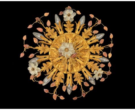 Ceiling lamp, 15 ceiling lights in golden metal with white and amethyst cut crystals. Diameter cm 55    