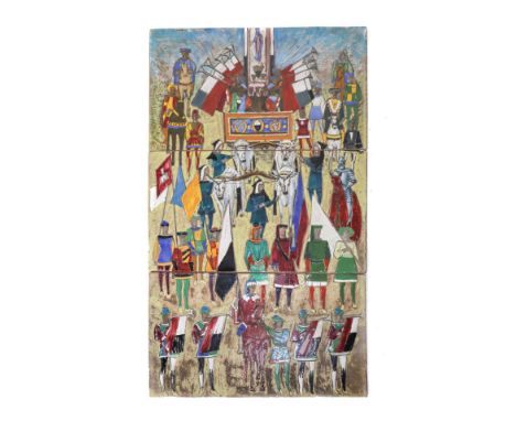 Depicting Palio di Siena and procession in historical costumes, cart with portrait of the Madonna pulled by oxen in the Piazz