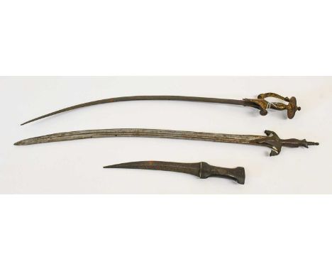 A 19th Century Indian Talwar, with 69cm single edge narrow curved steel blade, the steel hilt with shaped langets, scroll gua