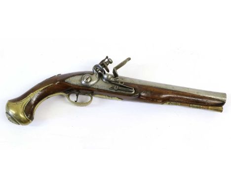 An 18th Century Flintlock Officer's Pistol by Benjamin Brooke, London, the slightly swamped 22cm steel barrel faintly engrave