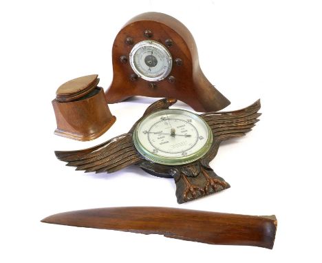 A First World War Laminated Propeller Boss, made into the case for an aneroid barometer, with chrome bezel enclosing the silv