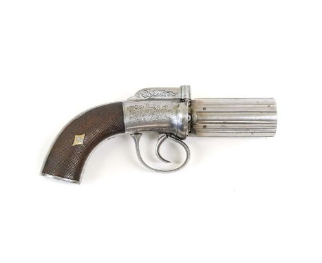 A 19th Century Six Shot Pepperbox Revolver, the 7.5cm fluted cylinder with Birmingham proof marks, foliate engraved bar hamme
