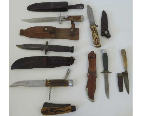 A Fagan Hunting Knife, with 13cm clip-point fixed steel blade, the staghorn grip incorporating folding tin opener and corkscr
