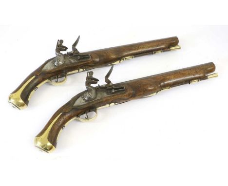 A Good Brace of Flintlock Holster Horse Pistols, .65 calibre, each with 30cm round steel barrel, rounded steel lock plate sta