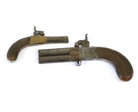 A 19th Century Percussion Over and Under Double Barrel Travelling Pistol, the 8cm round swivel steel barrels with Birmingham 