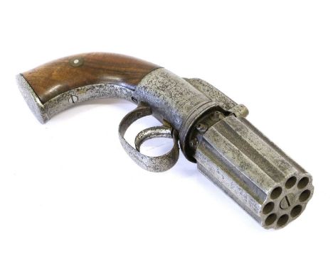 A 19th Century Eight Shot Percussion Pepperbox Revolver, the 6.5cm fluted cylinder with Birmingham proof marks, foliate engra