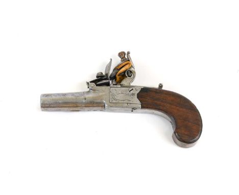 A Late 18th Century Flintlock Pocket Pistol by H Nock, London, the 4.5cm round turn-off steel barrel with London proof marks 