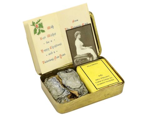 A Princess Mary 1914 Christmas Tin, containing original packets of tobacco and twenty cigarettes, with a portrait photograph 