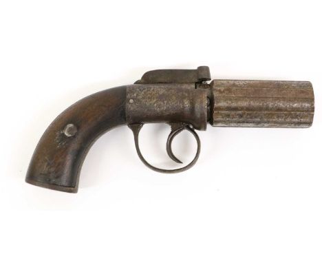 A 19th Century Six Shot Pepperbox Revolver, the 7cm cylinder with Birmingham proof marks, bar hammer, the cylindrical action 