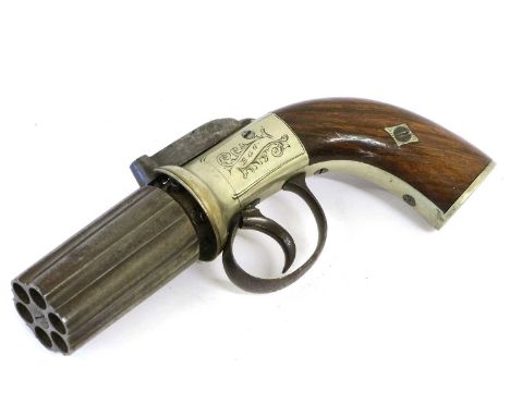 A 19th Century Six Shot Percussion Pepperbox Revolver, the 7cm fluted cylinder with Birmingham proof marks, steel bar hammer,