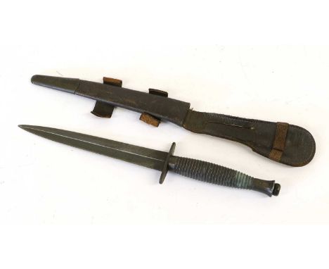 A Second World War Third Pattern Fighting Knife, with 17.5cm machine made blade, plain steel crossguard, ribbed alloy hilt st