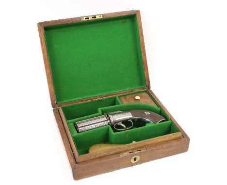 A 19th Century Percussion Six Shot Pepperbox Revolver, the 7cm cylinder with Birmingham proof marks, foliate engraved bar ham