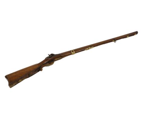 A 19th Century Continental Percussion Sporting Rifle, converted from a flintlock, the 85cm octagonal browned steel barrel swa