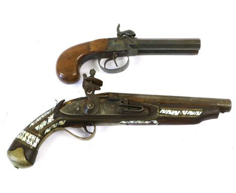 A Continental Side by Side Double Barrel Percussion Travelling Pistol, the 10.5cm octagonal steel barrels and box lock each n
