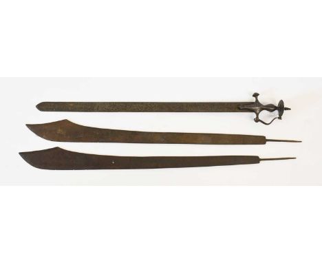 A 19th Century Indian Talwar, the 79cm broad double edge straight steel blade etched with panels of animals, serpents and sym