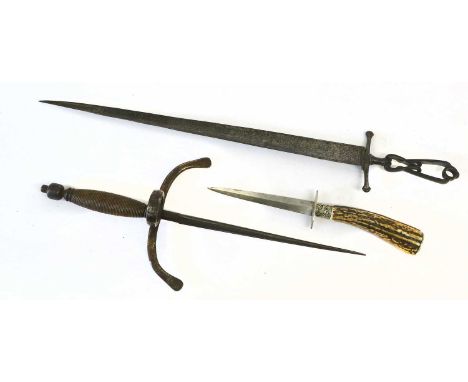 A 19th Century Hunting Dagger, with 12cm diamond section steel blade, German silver elliptical crossguard and flat pommel pla