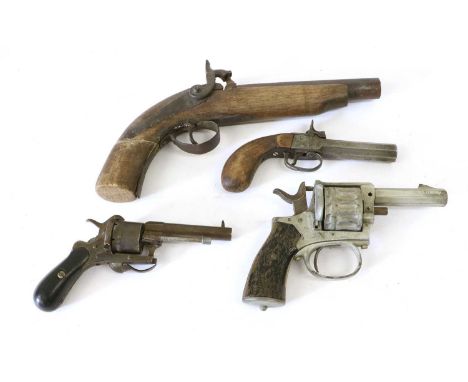 A 19th Century Belgian Six Shot Pinfire Revolver, with 8cm round barrel numbered 2662, the cylinder with Liege proof marks, h