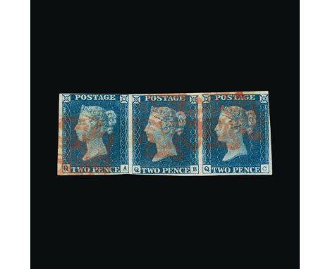 Great Britain - QV (line engraved) : (SG 6) 1840 2d pale blue, plate 1, horizontal strip of 3, QA-QC, margins all around, ver