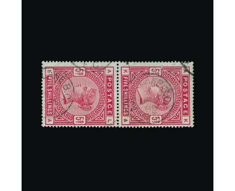 Great Britain - QV (surface printed) : (SG 176) 1883-84 blued paper (apparently) 5s rose, vertical pair, KA-LA, centred to ri