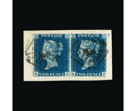 Great Britain - QV (line engraved) : (SG 5) 1840 2d blue, plate 1, horizontal pair, KI-KJ, margins all around (just clear at 
