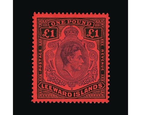 Leeward Islands : (SG 114c) 1938-1951 KGVI Definitive £1 Perf 13 Violet &amp; Black/Scarlet with unlisted flaw 'Broken Lower 