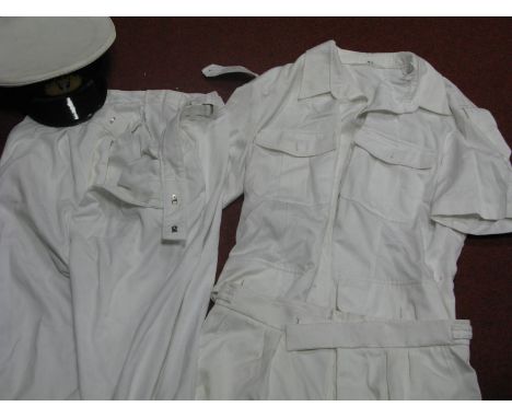 A Late XX Century Royal Navy Officer's Cap, Tropical White Trousers, Shorts and Jacket.