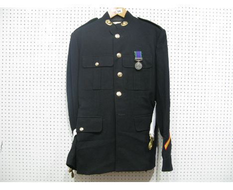 A Late XX Century Royal Marines No.1 Dress Jacket, Trousers and White Belt, with sniper badge on left sleeve. Also a ER II Ge