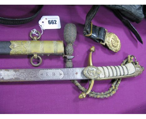 A George V Royal Navy Midshipman's Dirk, 18" double edged engraved blade with fouled anchor, Royal cypher and initials "E.B."