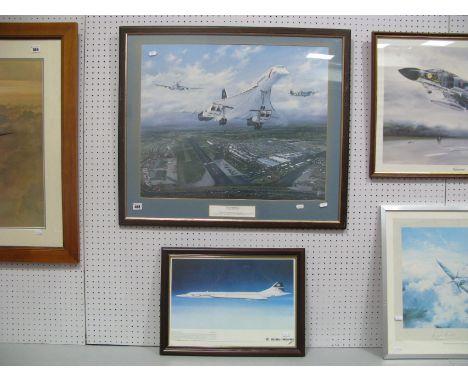 PETER R. WESTACOTT 'Anniversary', depicting Concorde with historic aircraft, print, framed, 75.5 x 65.5cm. Another, Concorde,