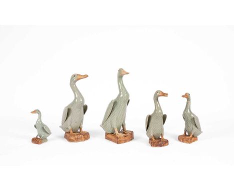 A graduated set of five Chinese ceramic ducks, 20th Century, impressed marks, the largest 34cm highSmallest has repaired base