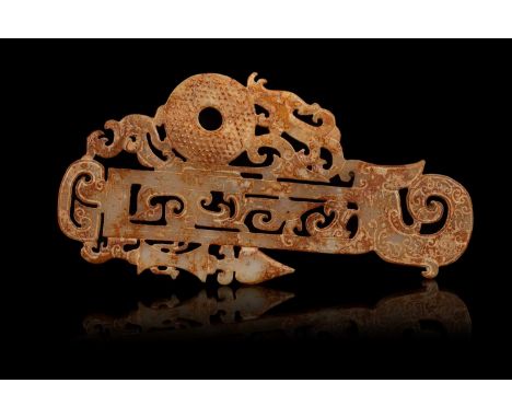 A Han style jade plaque, 20th Century, of Archaistic form, 23.5cm x 12cmAcquired in the early 1990s