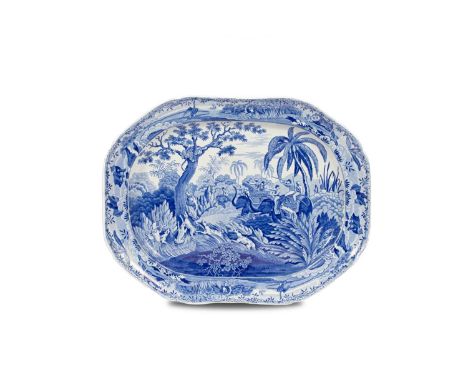 A James &amp; Ralph Clews blue and white transferware meat dish, circa 1818-34, decorated with 'Leopard Shooting', impressed 